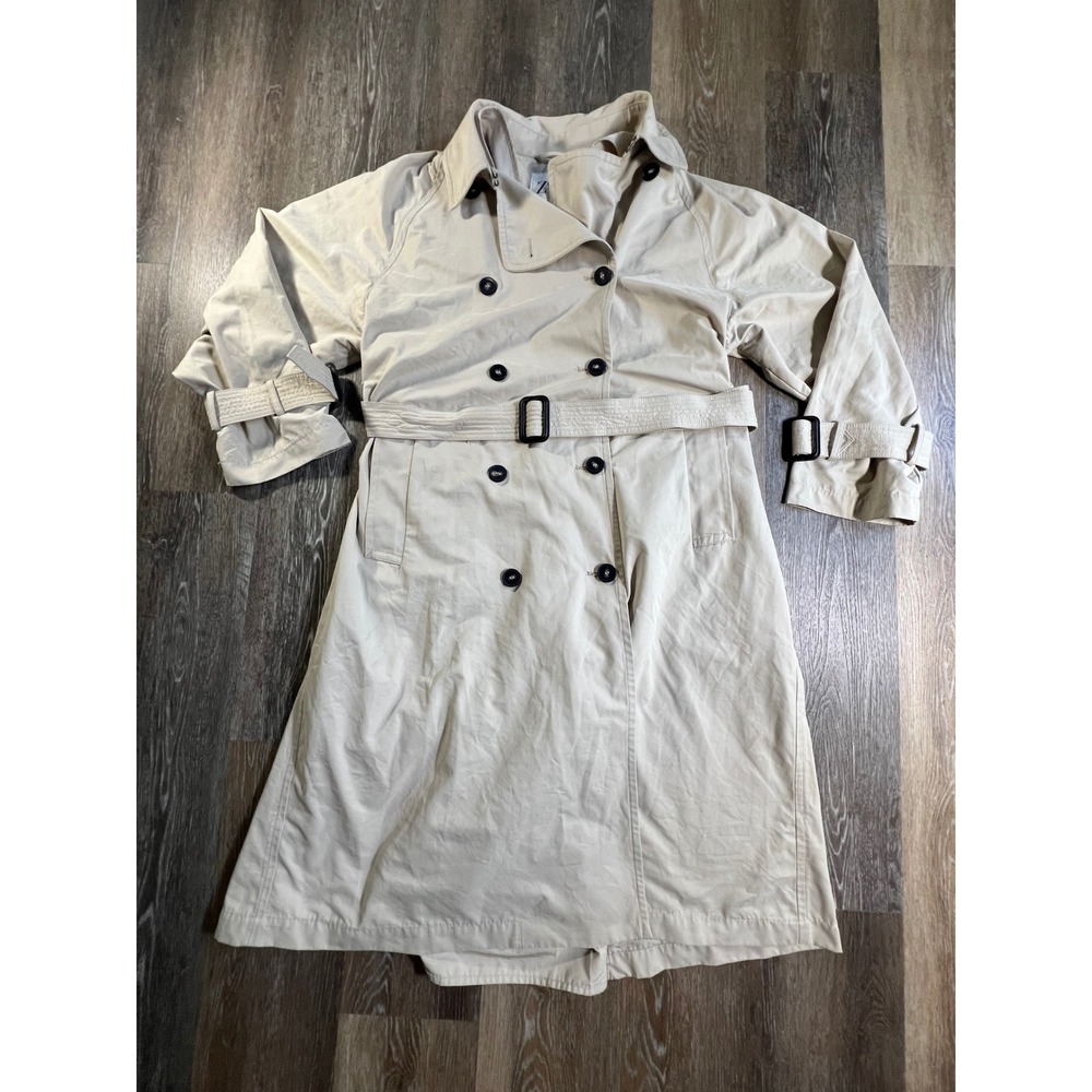 Zara Trench Coat Women L Tan Beige Double Breasted Belted Long Sleeve Classic